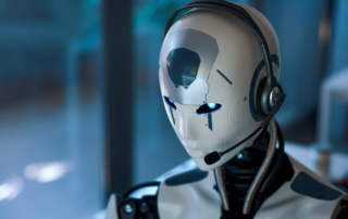 A humanoid working on a computer