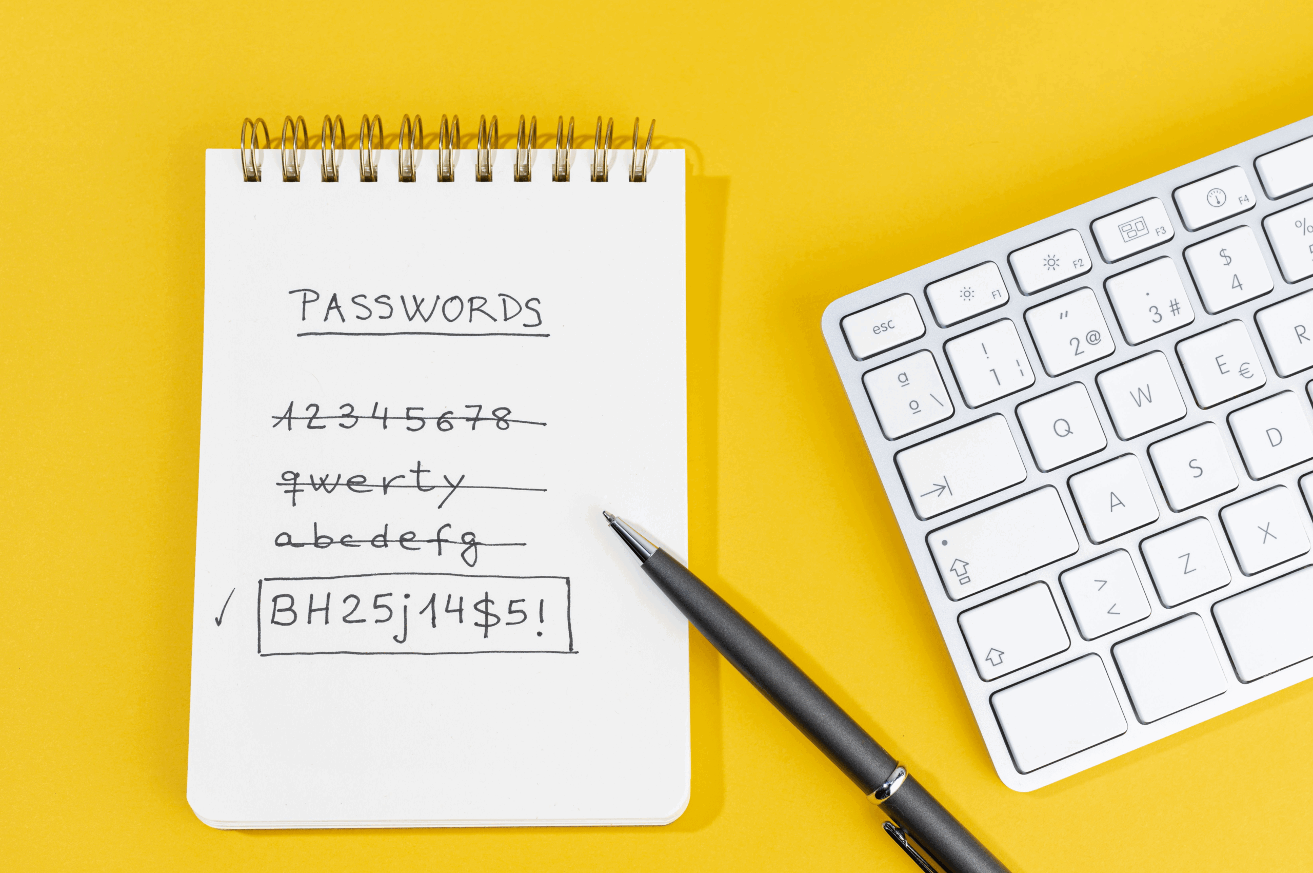 A notebook showing good and bad passwords for security